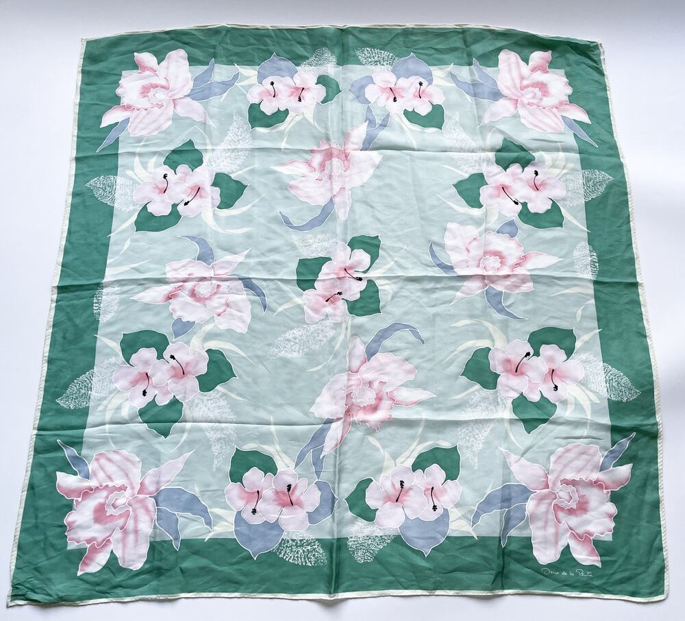 Vintage Oscar de la Renta Green and Pink Floral Silk Scarf 33" Square